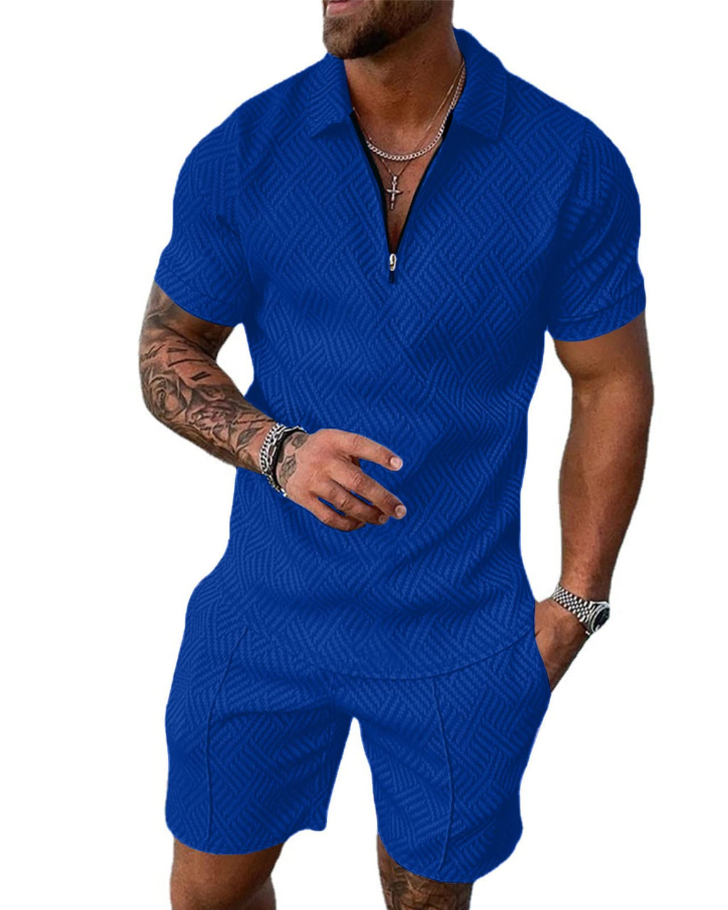 Aulemen Mens 2 Piece Zip Tracksuit Short Sleeve Set Summer Outfits for Men | Polo Shirt and Shorts Sets Activewear Short Set