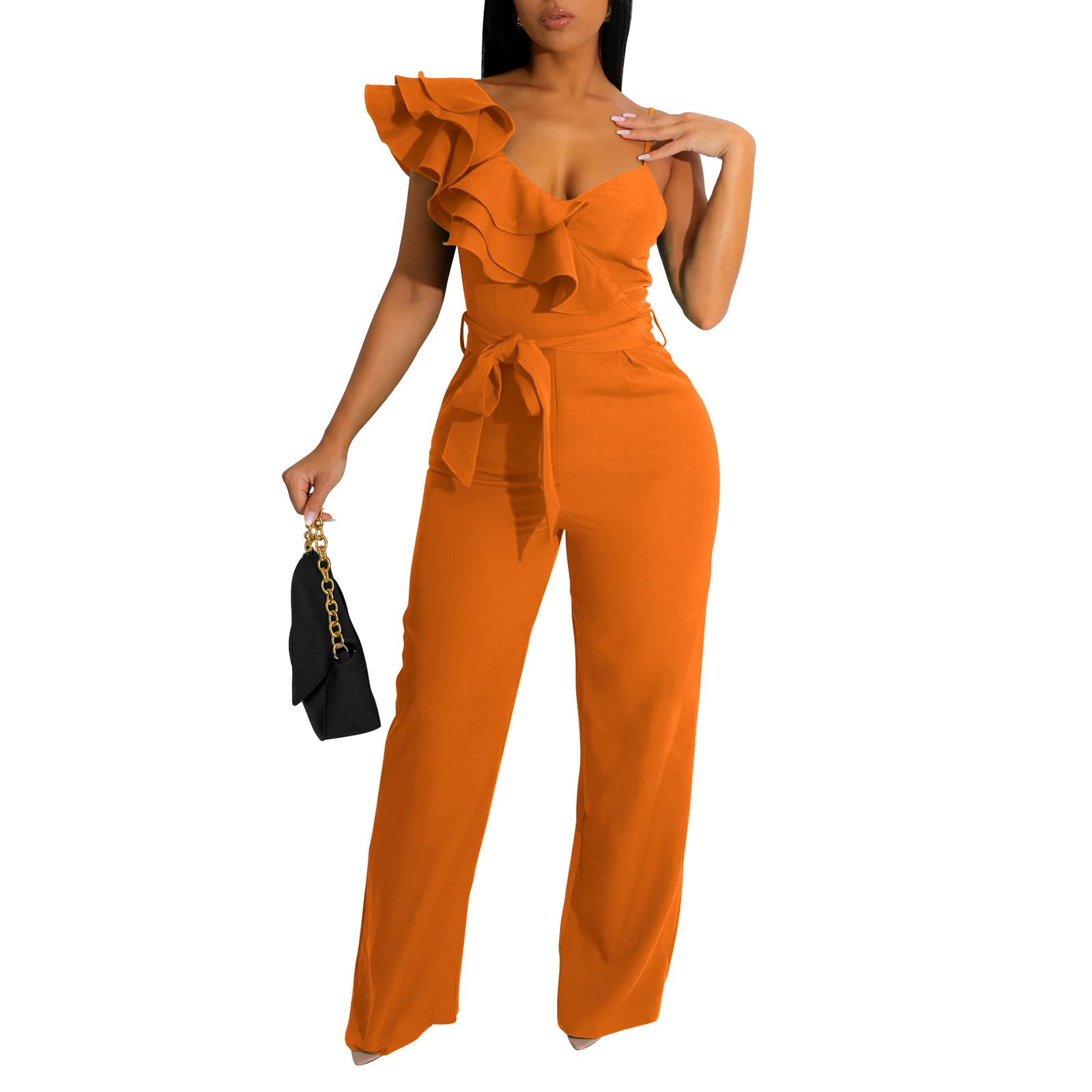 kaimimei Womens Casual Jumpsuits Ruffle One Shoulder Wide Leg Belted Romper | Designed with Pockets,Adjustable Strap,Sexy V-Neck Sleeveless,Backless,for Parties, Clubs,Wedding,Event,Outing