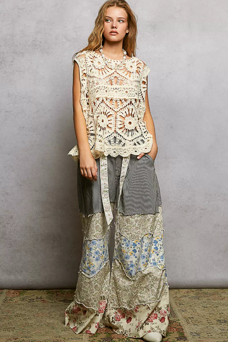 POL Openwork Round Neck Floral Crochet Tank