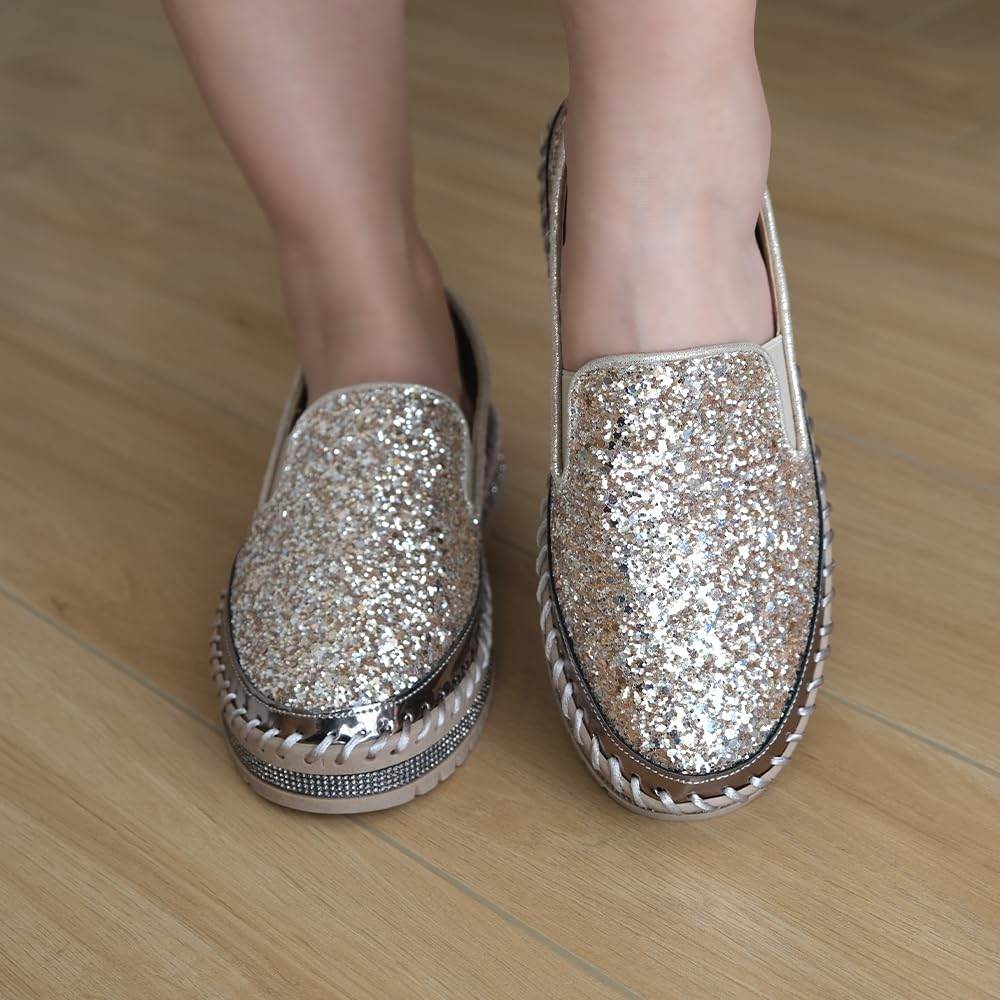 Women's Platform Rhinestones Glitter Fashion Sneakers Comfortable Slip On Flat Loafers Walking Wedding Dress Shoes Casual Shoes