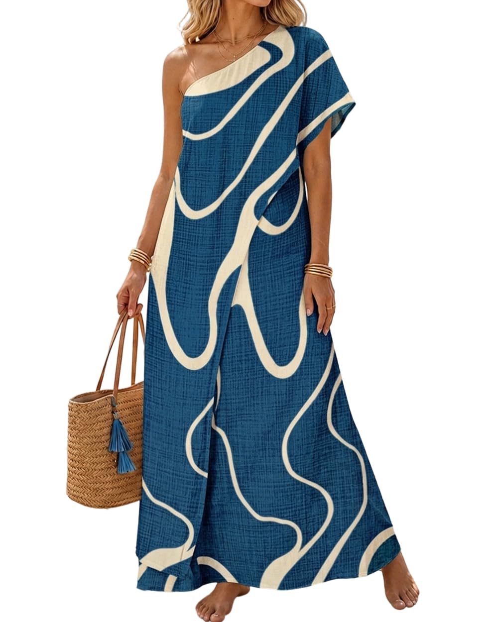 CHICME Maxi Dresses for Women Abstract Print Summer Dress | Womens Summer Dresses, One Shoulder Boho Dress with Pockets, Faux 2 Piece Casual Dresses, Vacation, Beach Dress Wedding Guest