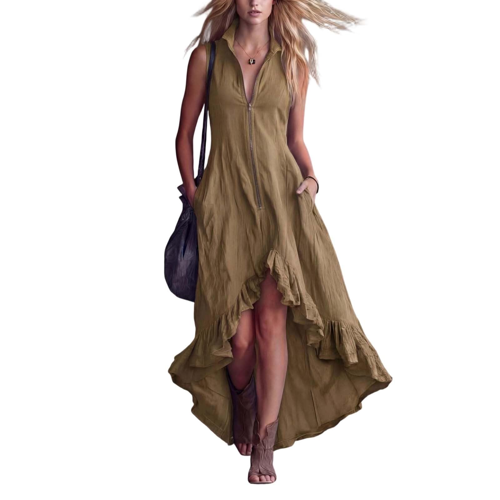 YMADREIG Boho Dresses for Women 2026 Cotton Linen Western Maxi Dress Summer Sleeveless High Low Ruffle Hem Dress with Pocket
