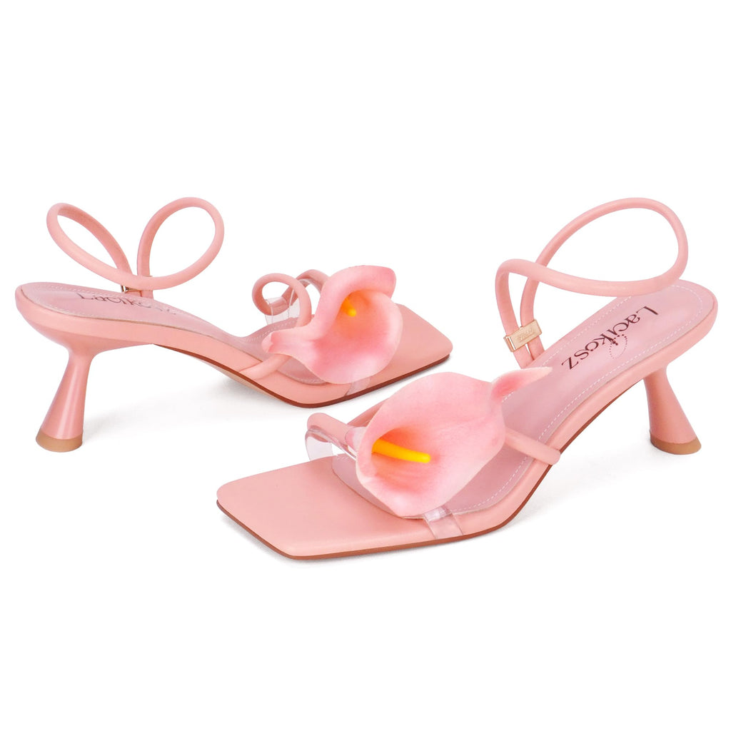 LACIKOSZ Flower Kitten Heel Sandals for Women Calla Lily Green Heels Square Open Toe Floral Strappy Low Heel Sandals Summer Dressy Wedding Shoes