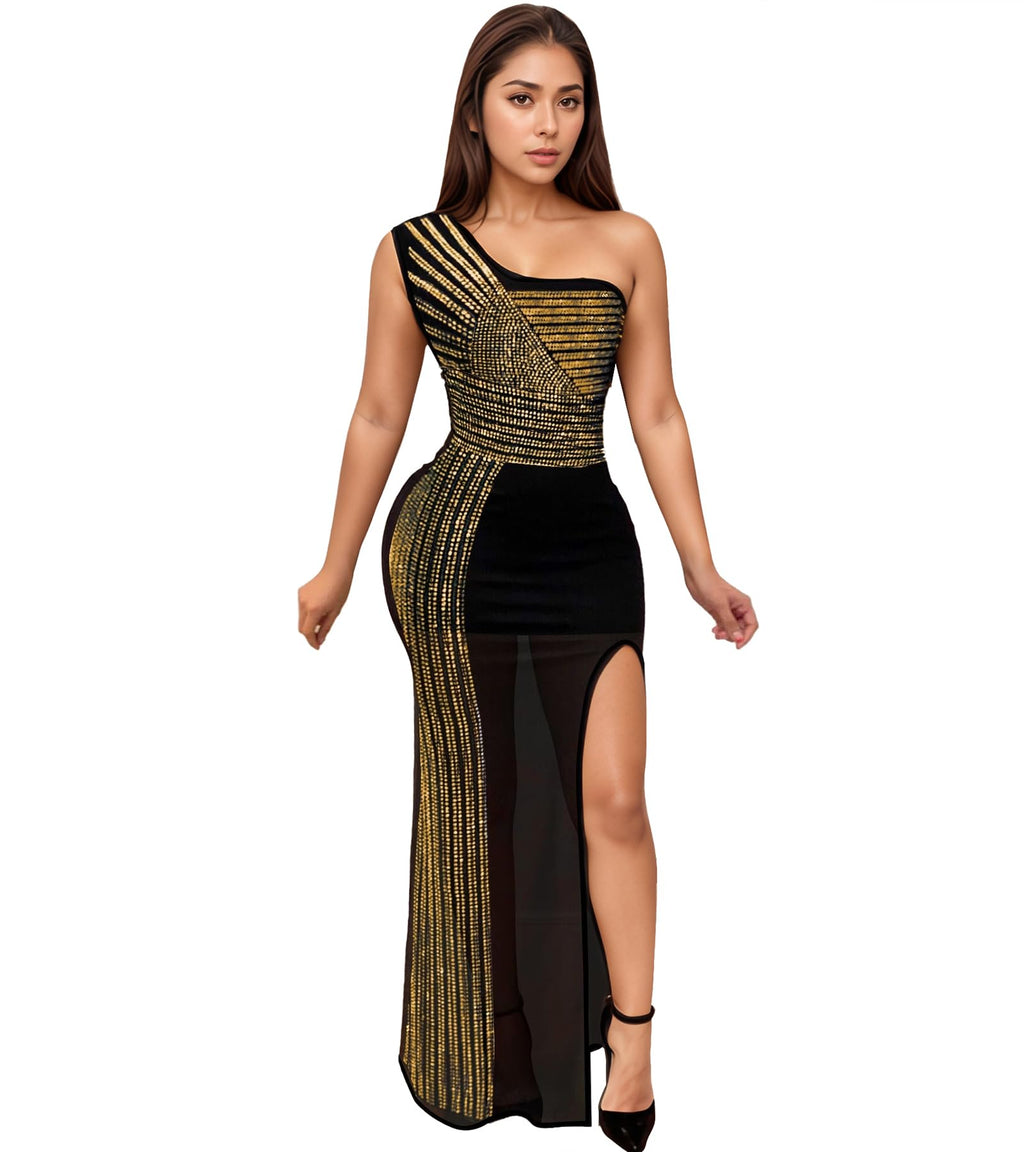 PORRCEY Women's Sexy Elegant Rhinestone Bodycon Dress Hot Drilling Clubwear