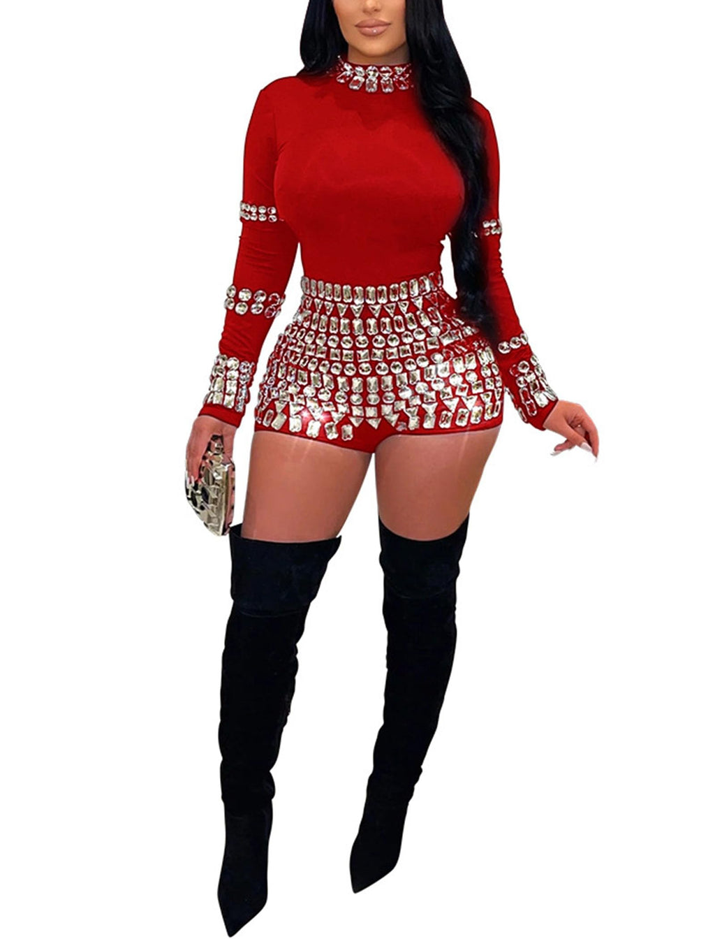 chicyes Women's Jumpsuits Sexy Long Sleeve Date Night Rompers Rhinestone Sparkly Party Club Spring Outfits Fall Concert