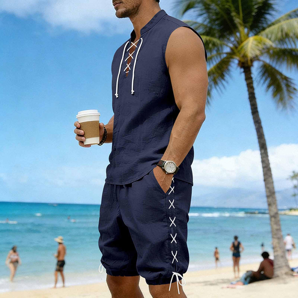 Cambkatl 2 Piece Outfits for Men Lightweight Linen Shorts Set Laceup V Neck Sleeveless Tank Top Matching Sets with Pockets