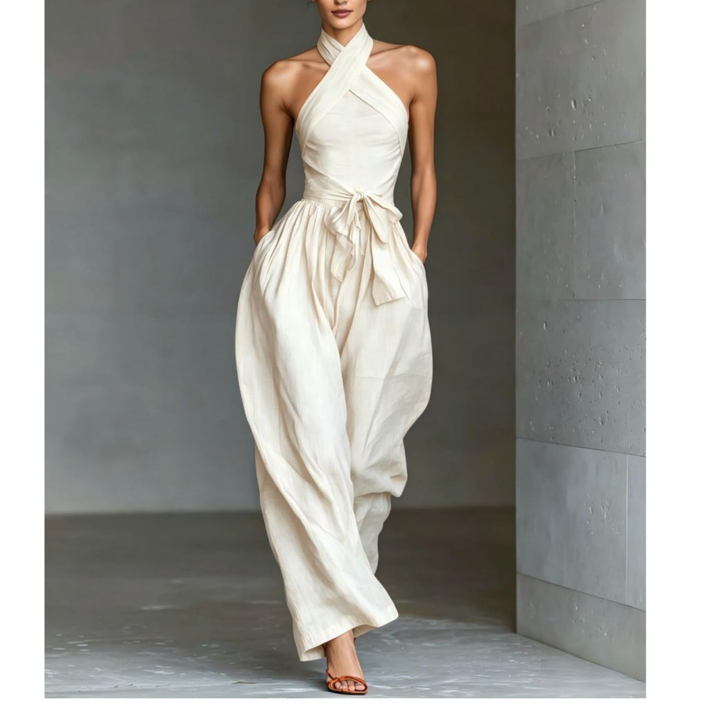 Backless Rompers for Women Casual Ink Printed Sleeveless High Waist Wide Leg Jumpsuit Sexy Halter Boho Vacation Party Outfits