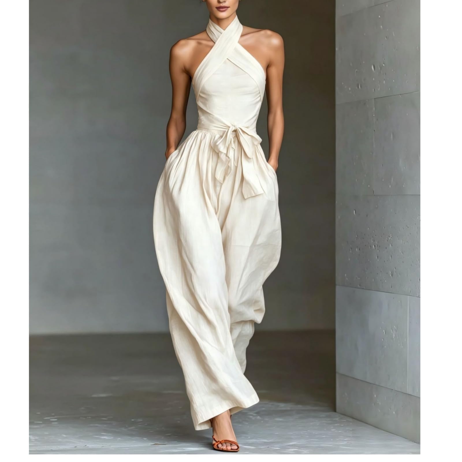 Backless Rompers for Women Casual Ink Printed Sleeveless High Waist Wide Leg Jumpsuit Sexy Halter Boho Vacation Party Outfits