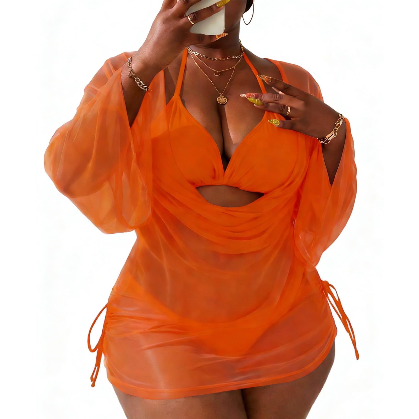 Women's Plus Size Halter String Triangle Bikini Sets 3 Piece Swimsuits with Side Ruched Drawstring Cover Up