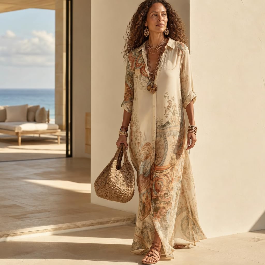 Women's Baroque Print Maxi Shirt Dress V Neck 3/4 Sleeve Button Down Flowy Casual Loose Boho Long Dress