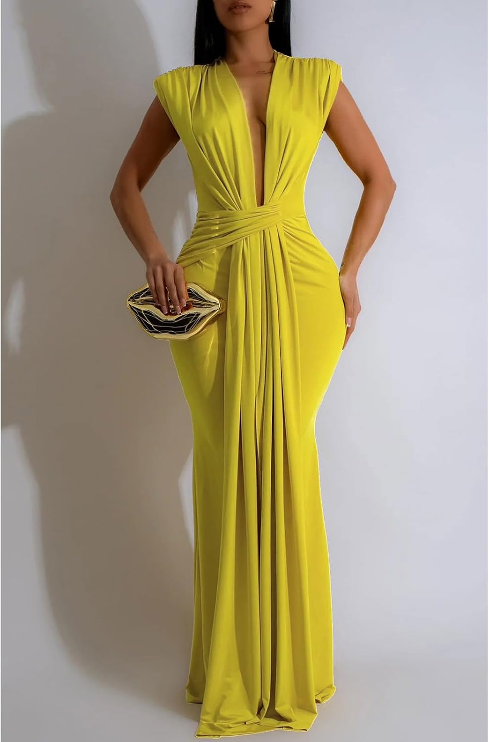Yuopeid Women's Sexy Sleeveless Deep V Neck Fashion Ruched Bodycon Floor Length Formal Evening Party Maxi Long Dress