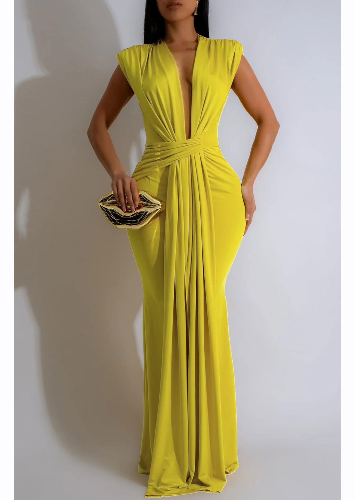 Yuopeid Women's Sexy Sleeveless Deep V Neck Fashion Ruched Bodycon Floor Length Formal Evening Party Maxi Long Dress
