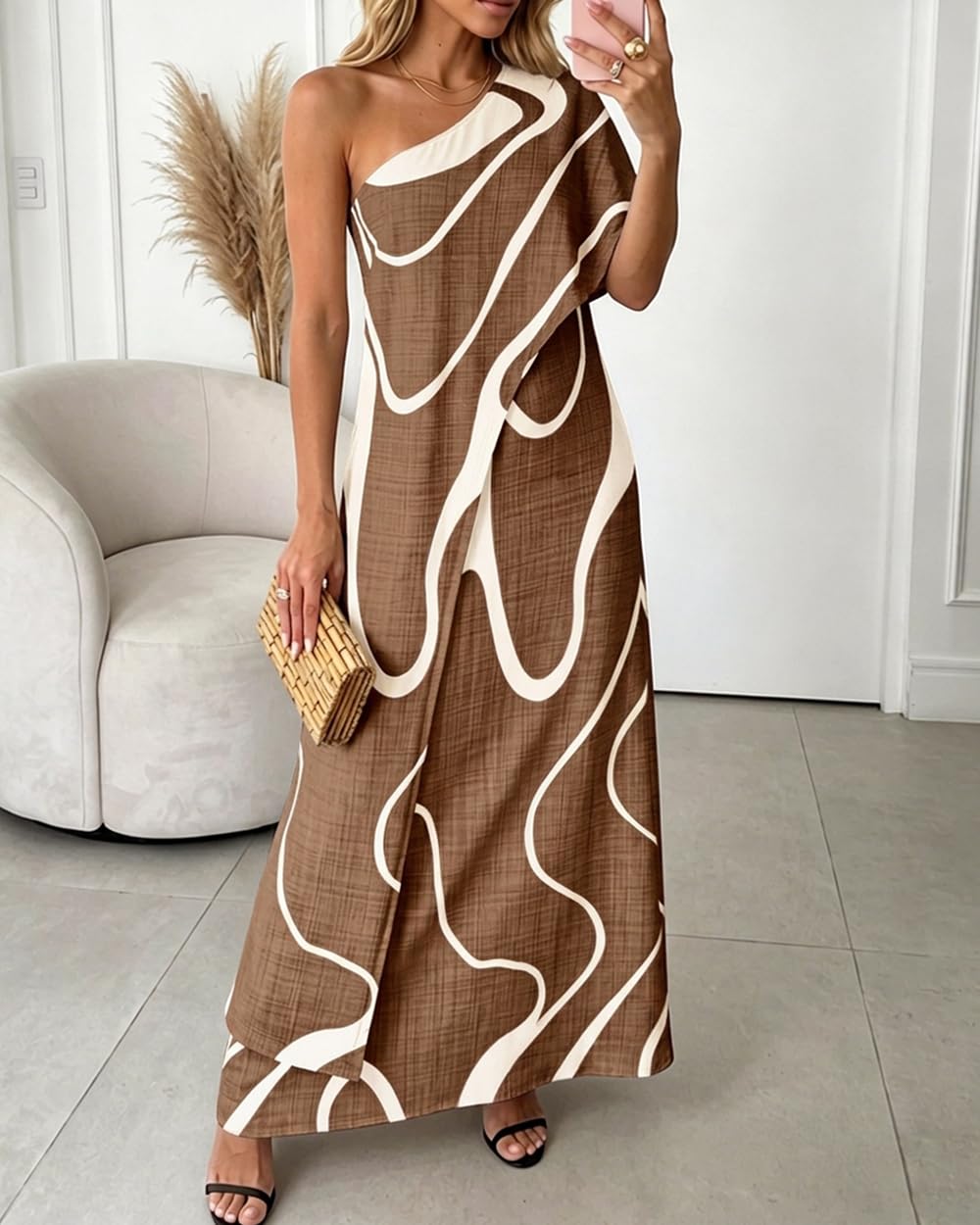 CHICME Maxi Dresses for Women Abstract Print Summer Dress | Womens Summer Dresses, One Shoulder Boho Dress with Pockets, Faux 2 Piece Casual Dresses, Vacation, Beach Dress Wedding Guest