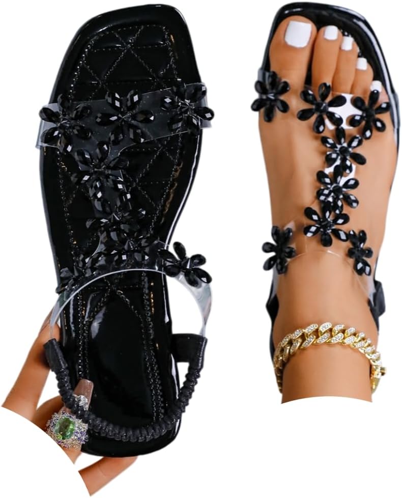 Women's Butterfly Rhinestone Flat Sandals Glitter Sparkly Bling Strappy Open Toe Elegant Transparent Elastic Strap Gladiator Sandals for Dressy Summer Wedding Bridal Prom Travel Daily Wear