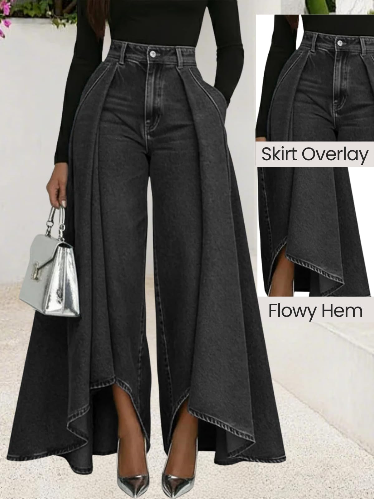 Women's Flowy Jeans with Skirt Overlay Baggy High Waisted Wide Leg Denim Pants Pleated Jeans Streetwear