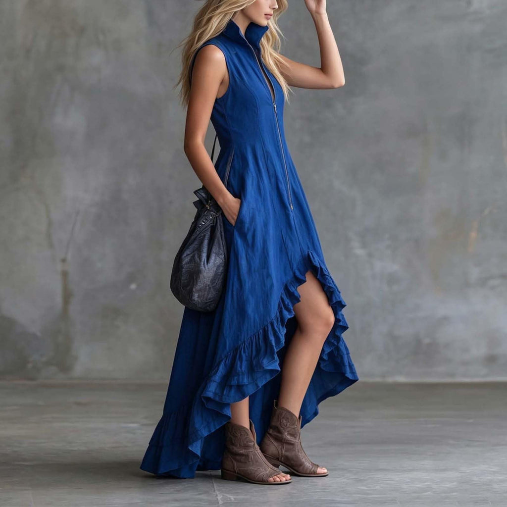 YMADREIG Boho Dresses for Women 2026 Cotton Linen Western Maxi Dress Summer Sleeveless High Low Ruffle Hem Dress with Pocket