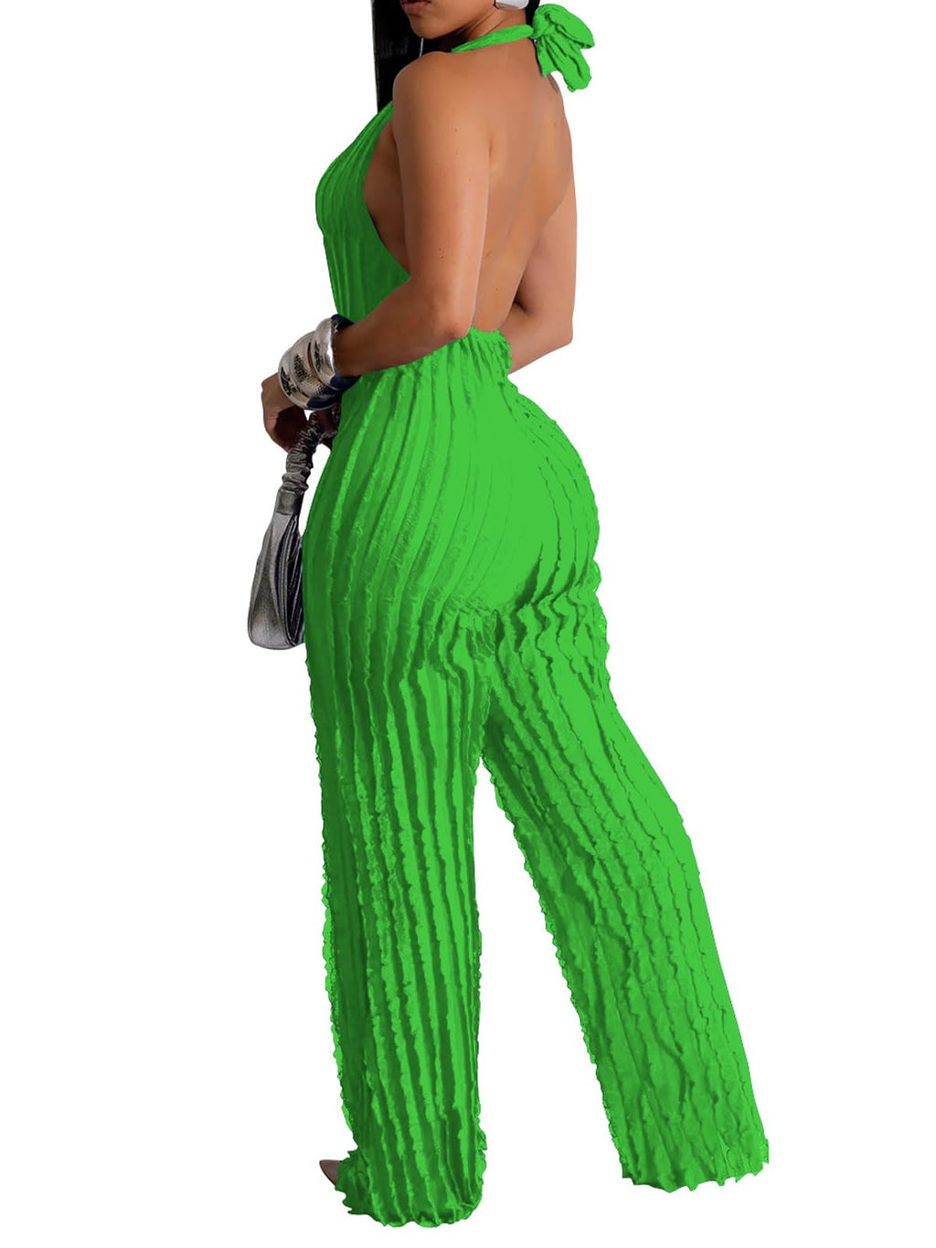 YBSKG Summer Halter Backless Jumpsuits for Women One Piece Wide Long Pants | Sexy See Through V Neck Tie Pleated One Piece Wide Leg Long Pants Romper