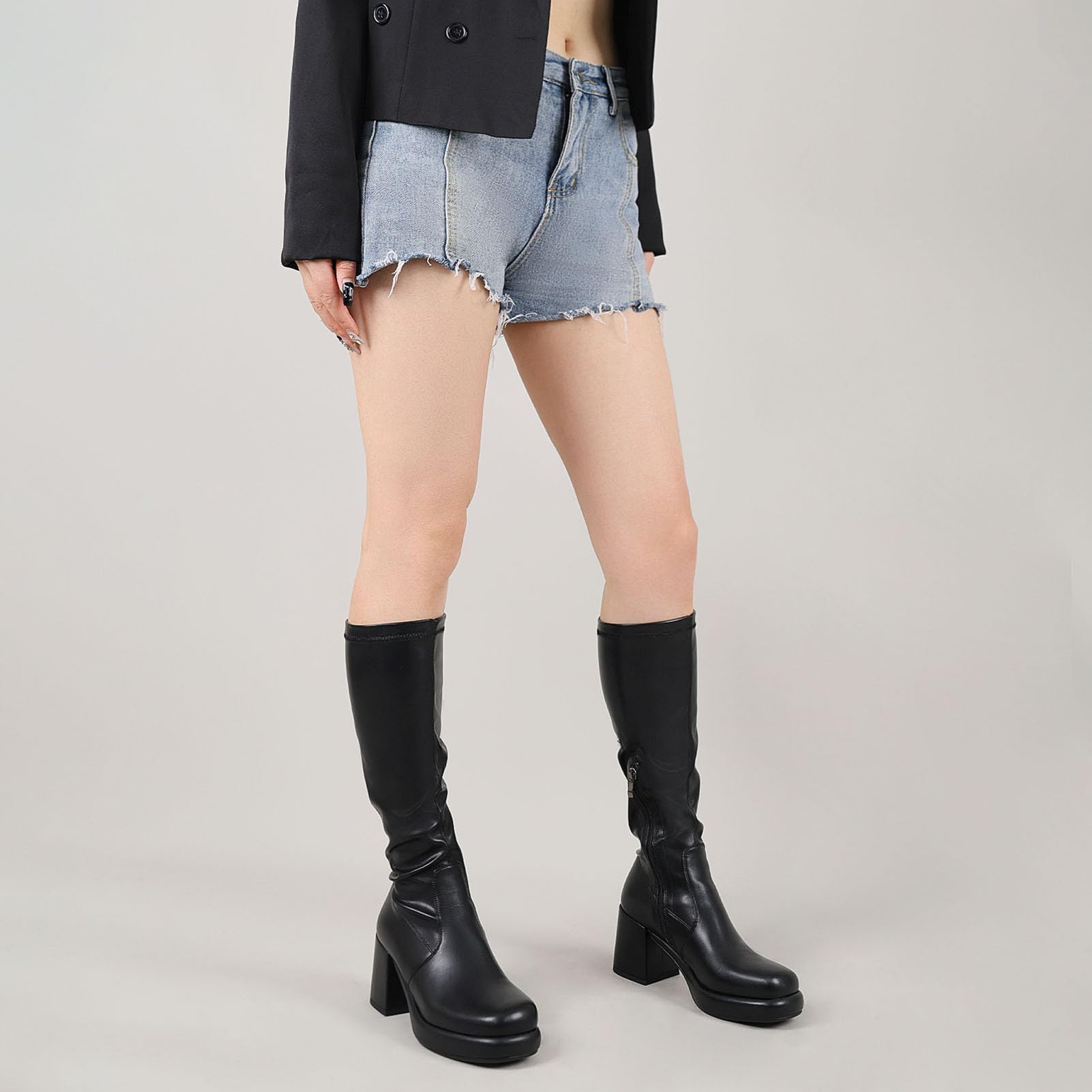 LanreyTaley Elastic Women Knee High Boots Platform Chunky Heel Tall Boots Suede Dress Boots Side Zipper Stretch Boots Fall