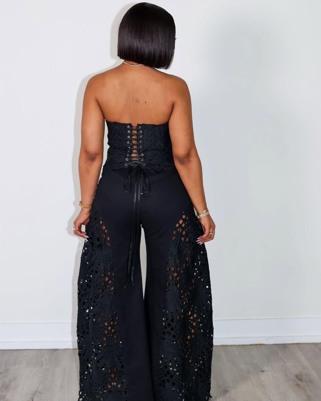 Mandonce 2 Piece Sets for Women Off Shoulder Lace Tube Top and Lace Flowy Wide Leg Pants Beach Vacation Sexy Outfit Going Out