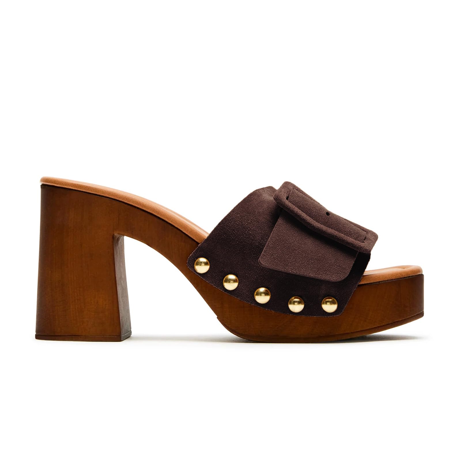 VICKI·VICKI Women's Platform Mules Suede Buckle Sandals, Sexy Open Toe High Chunky Block Heel Clogs, Retro Studded Summer Dress Slides