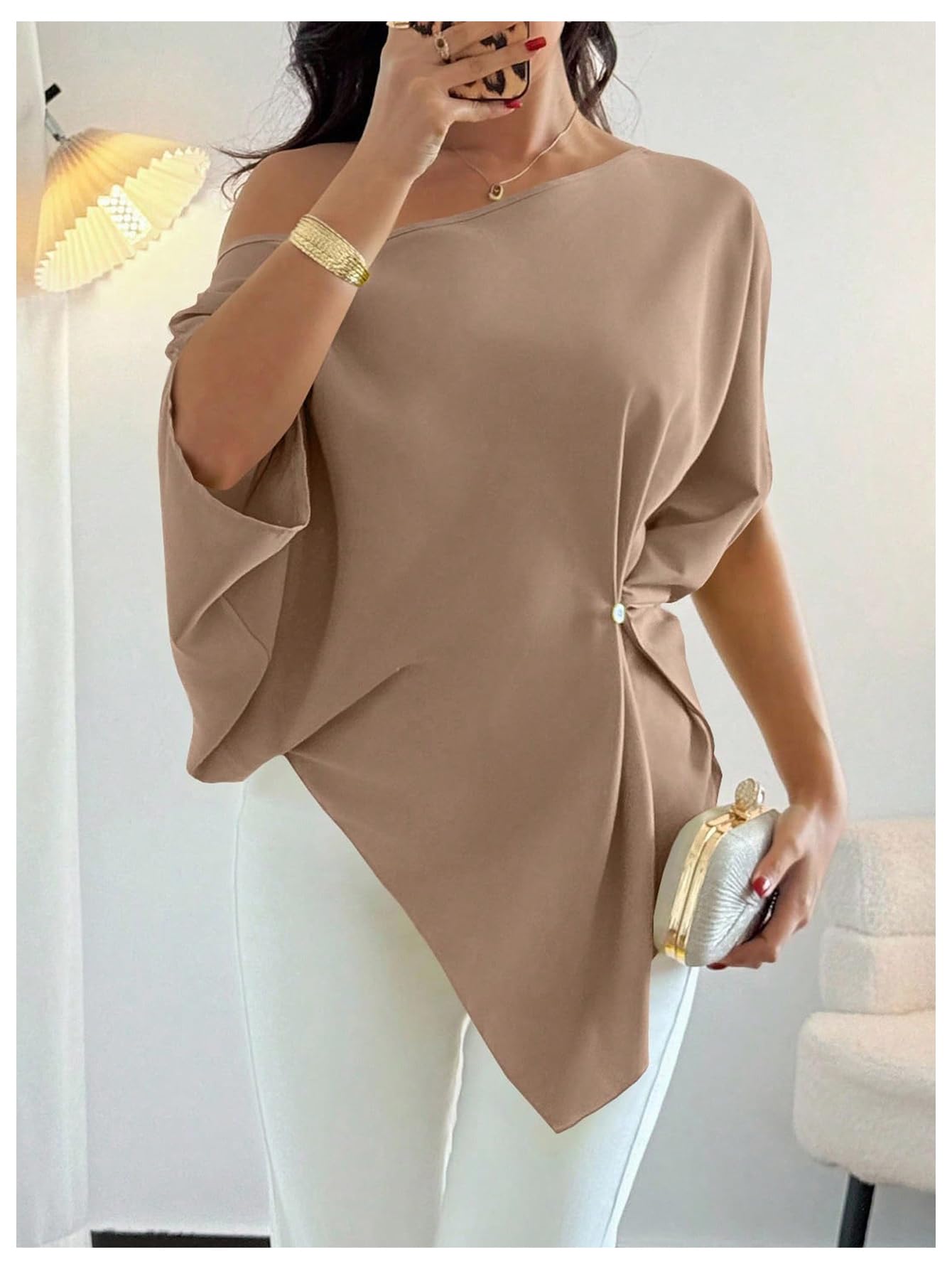 SHENHE Women's Off Shoulder Dolman Sleeve Blouses Asymmetrical Flowy Tops | Casual, Loose, Blouses With Waist Pleats, Asymmetrical, Elegant