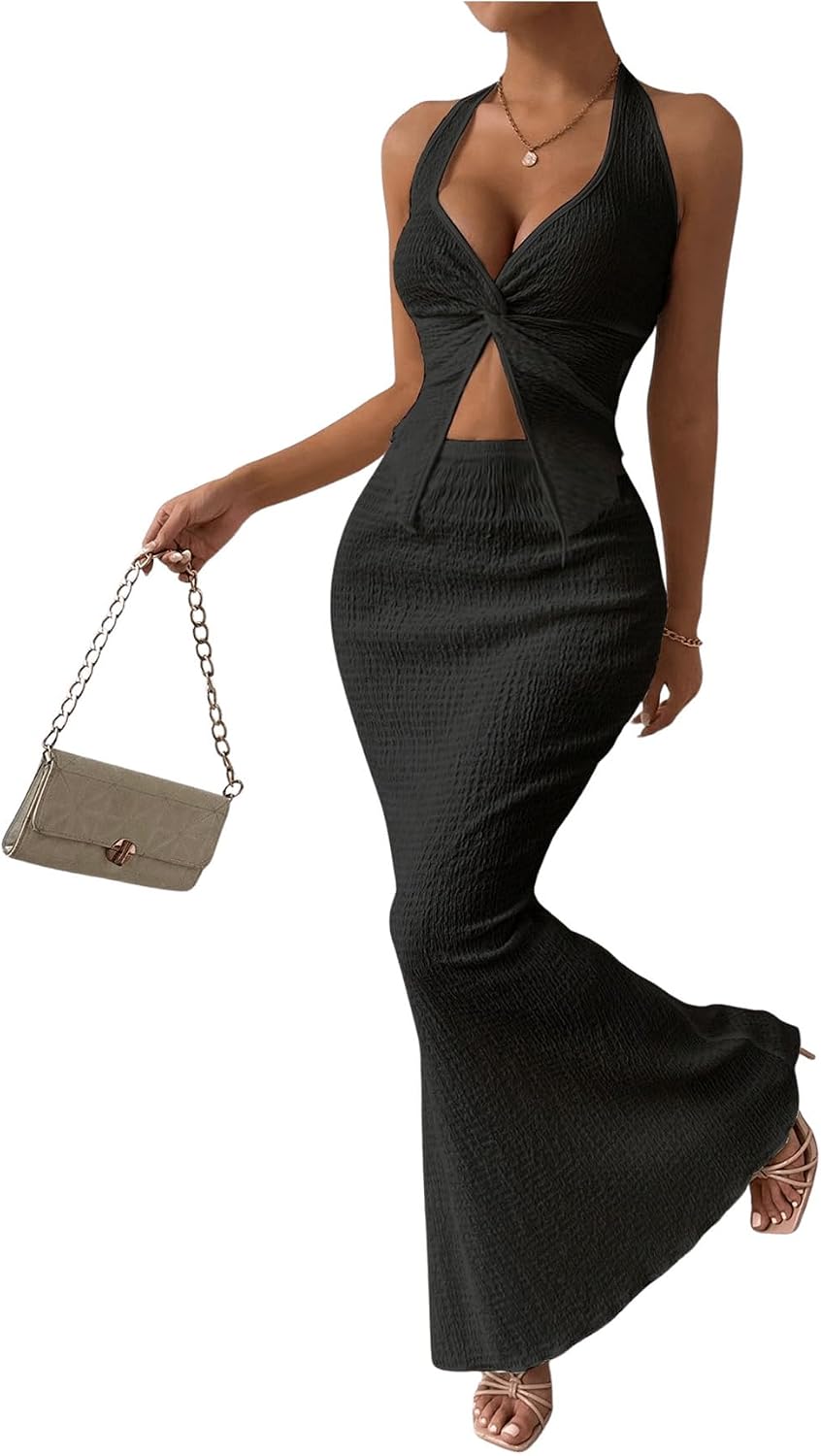 SOLY HUX Women's 2 Piece Outfit Twist Front Halter Cami Skirt Summer Set | Summer Vacation Outfits, Maxi Skirt Set