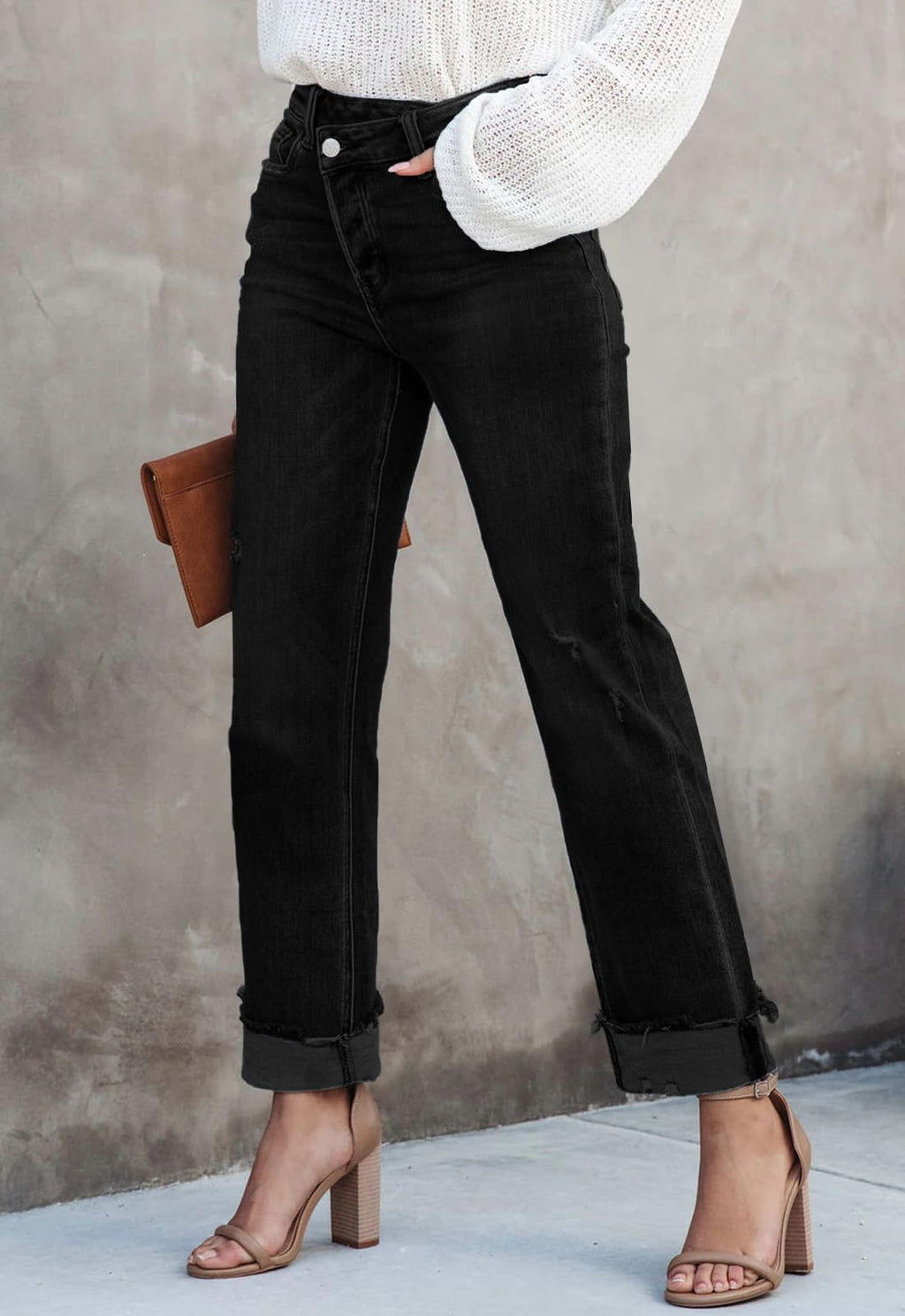 Metietila Jeans for Women Trendy High Waisted Corssover Boyfriend Jeans Distressed Stretchy Denim Pants
