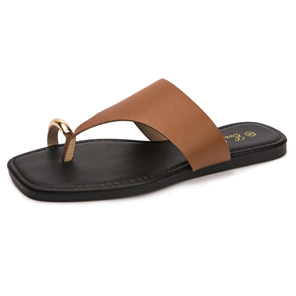 Eozlink Women's Toe Ring Flat Sandals, Slip On Dressy Summer Slides | PU Upper with Square Toe and Metal Accent for Resort and Casual Outfits