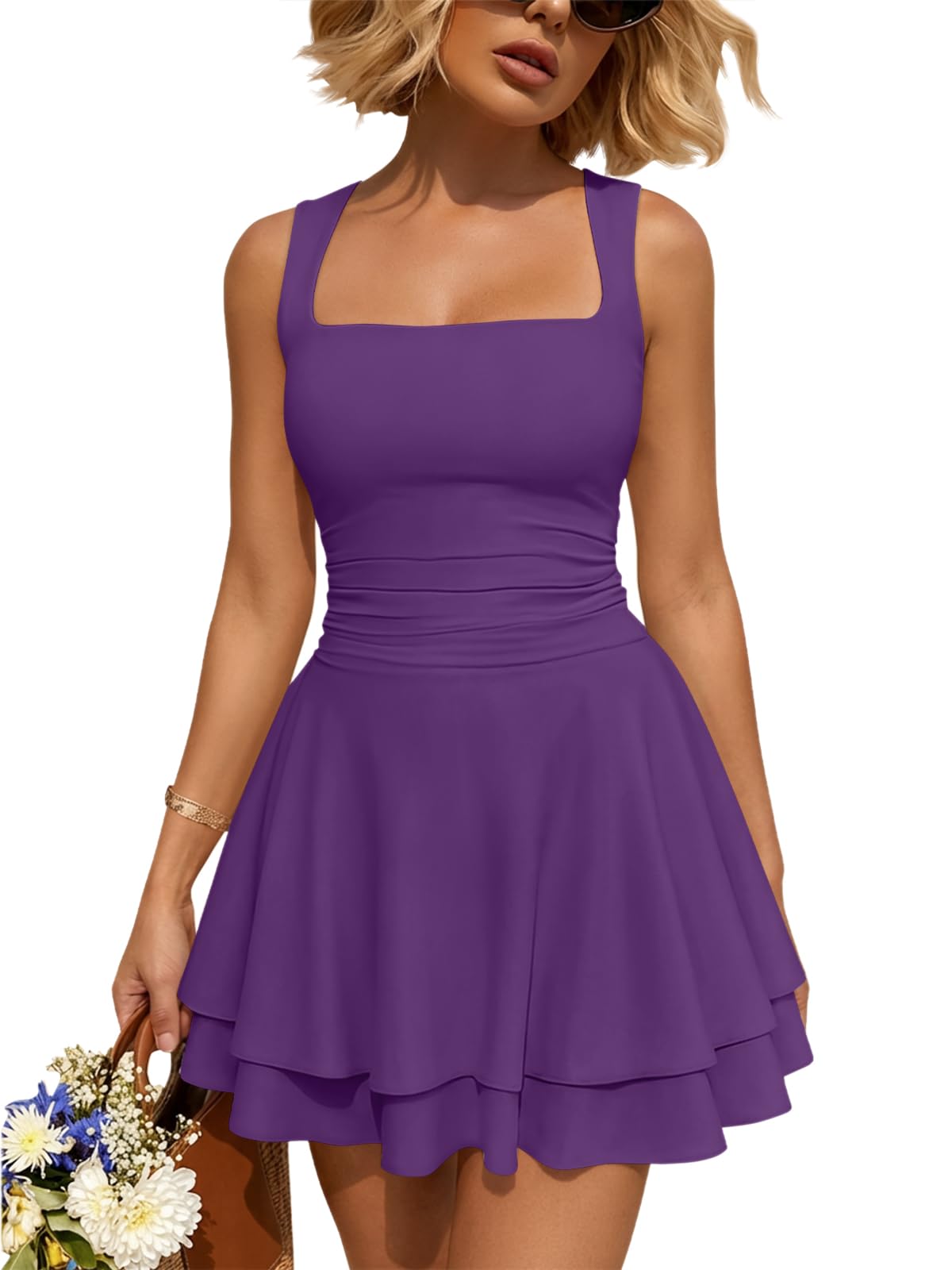 Trendy Queen Women Mini Summer Party Homecoming Beach Vacation Sun Dresses | Birthday Square Neck Flowy Short Sundress, 2026 Cruise Outfits, Athletic Cute Clothes, Date Night Club Resort Wear