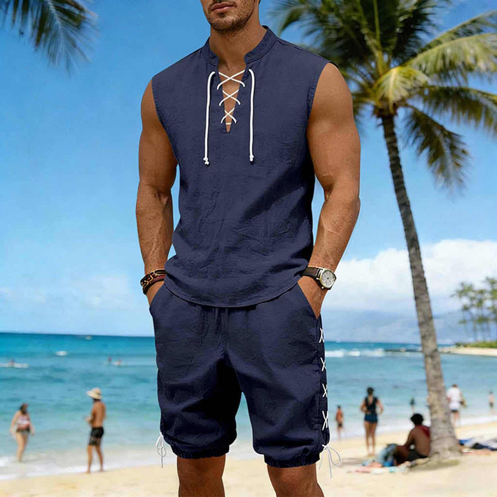 Cambkatl 2 Piece Outfits for Men Lightweight Linen Shorts Set Laceup V Neck Sleeveless Tank Top Matching Sets with Pockets