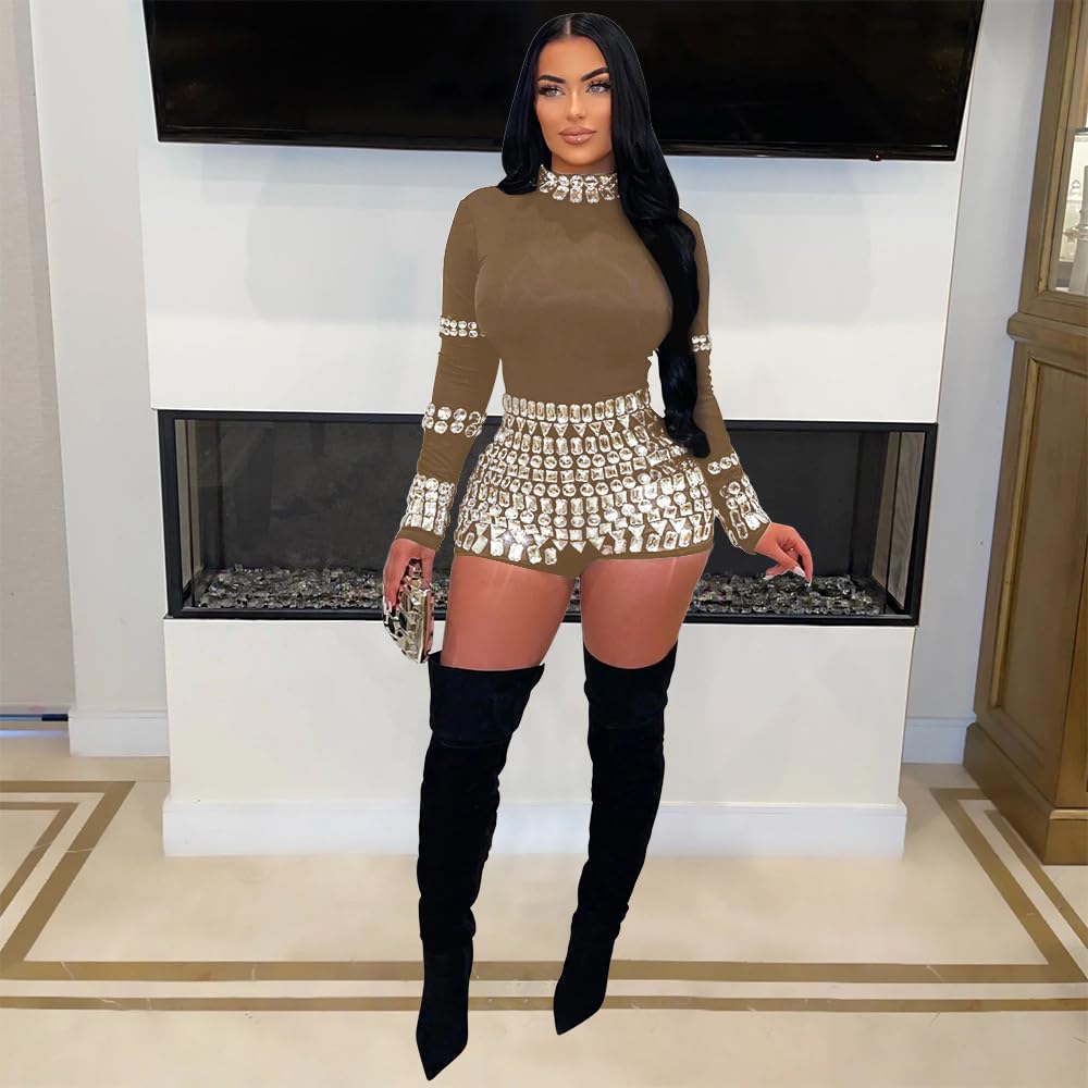 chicyes Women's Jumpsuits Sexy Long Sleeve Date Night Rompers Rhinestone Sparkly Party Club Spring Outfits Fall Concert