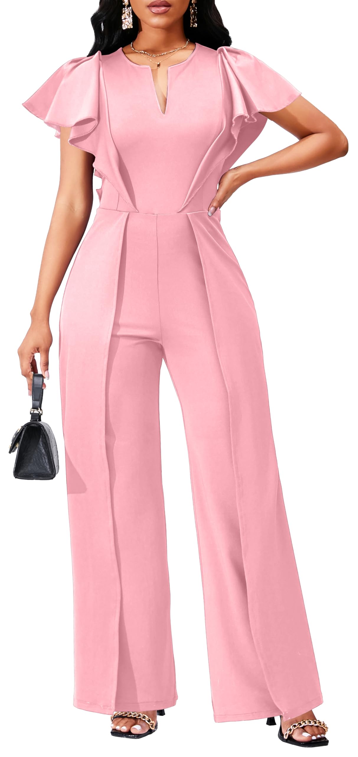 SxClub Jumpsuits for Women Dressy Formal Ruffle Long Straight Pants Jumpers | Women's Wedding Guest Jumpsuit Casual Ruffles Cap Short Sleeve Wide Leg Pants Club Outfit