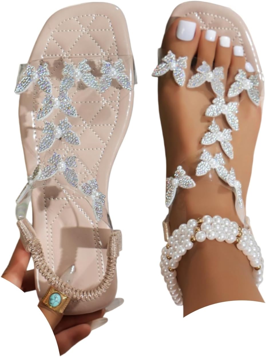 Women's Butterfly Rhinestone Flat Sandals Glitter Sparkly Bling Strappy Open Toe Elegant Transparent Elastic Strap Gladiator Sandals for Dressy Summer Wedding Bridal Prom Travel Daily Wear