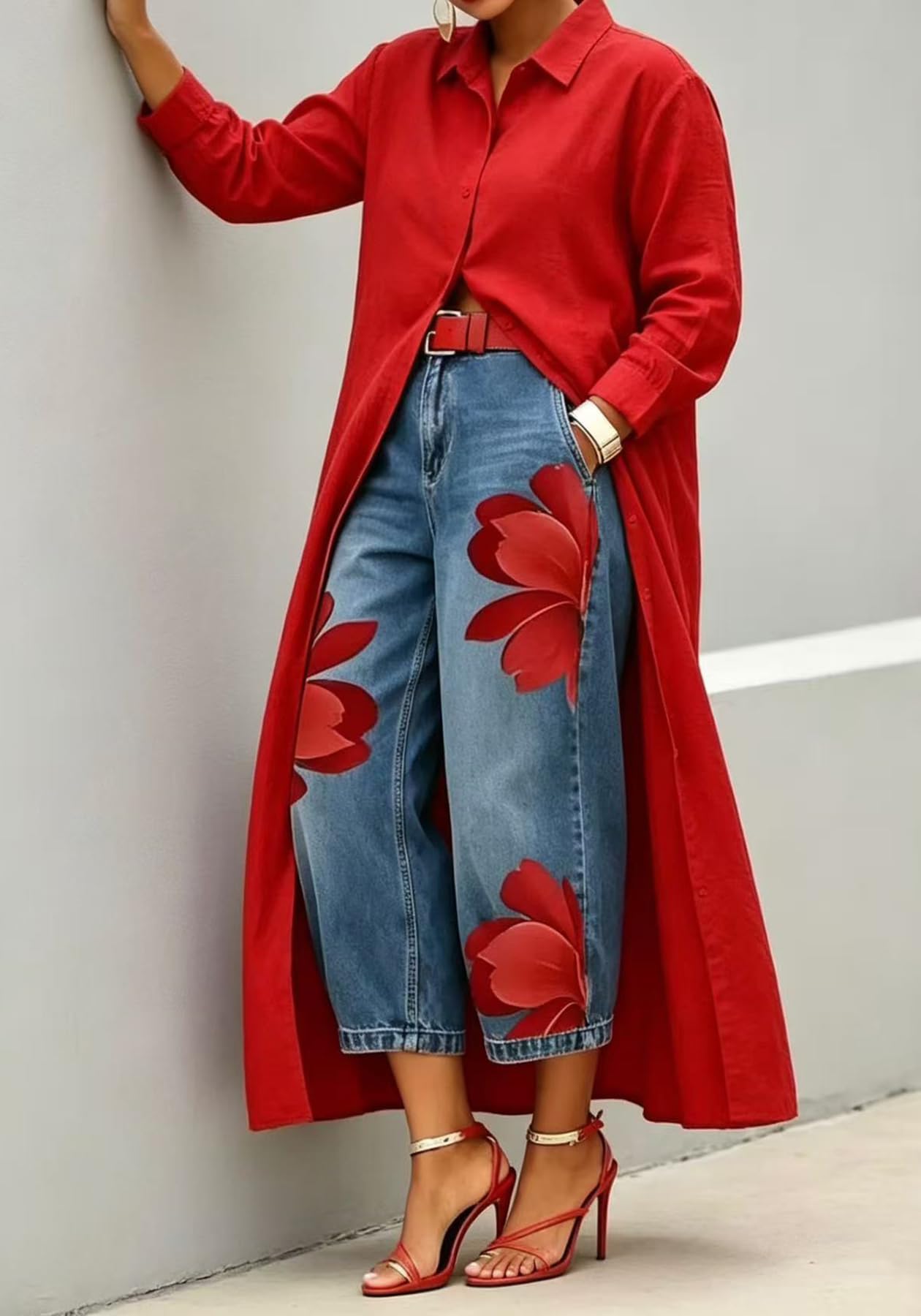 Unybwonn Women Barrel Capri Jeans Floral Wide Leg Cropped Cargo Denim Pants | High Waist,Flower Print,Distressed