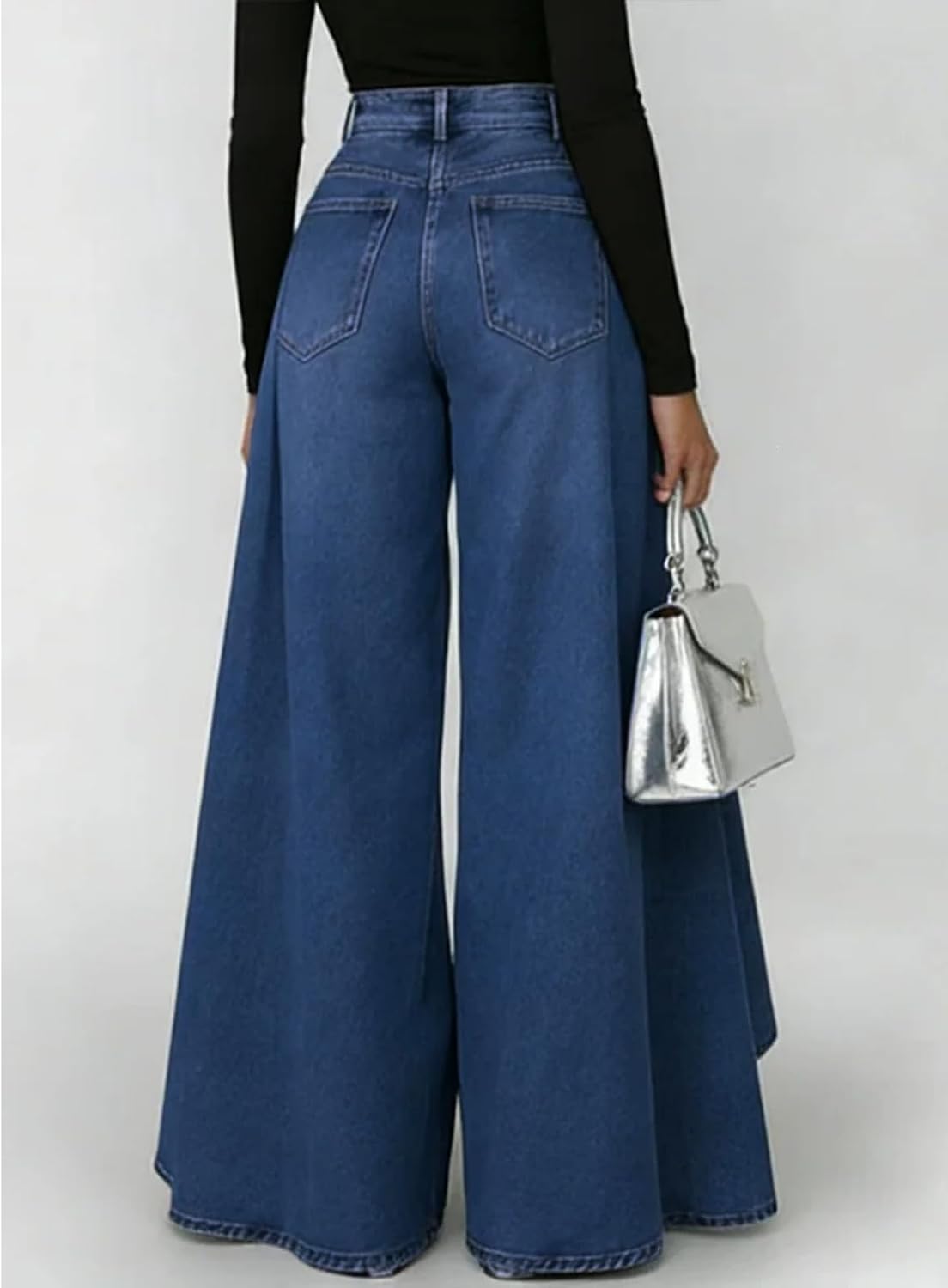 Women's Flowy Jeans with Skirt Overlay Baggy High Waisted Wide Leg Denim Pants Pleated Jeans Streetwear