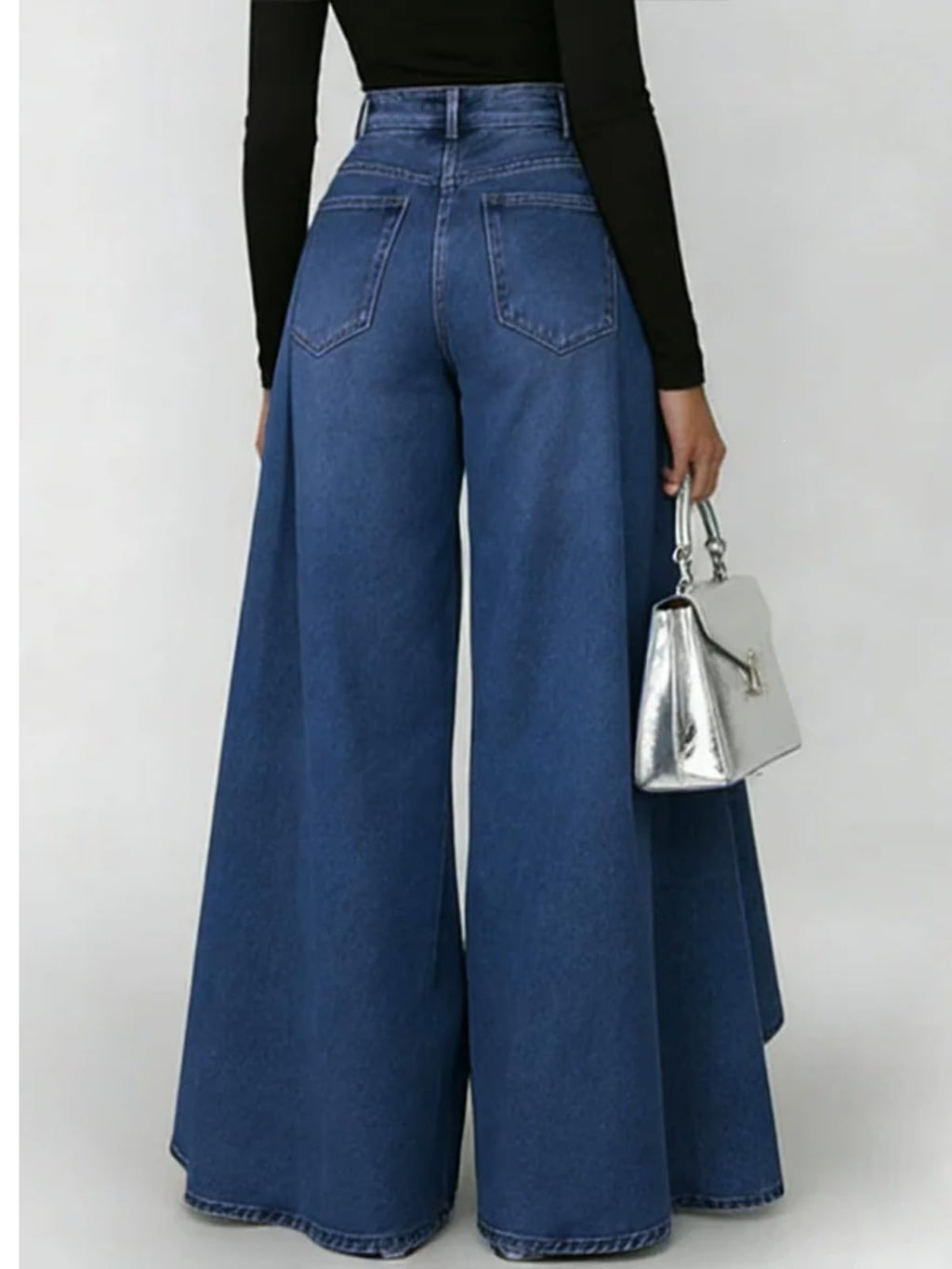 Women's Flowy Jeans with Skirt Overlay Baggy High Waisted Wide Leg Denim Pants Pleated Jeans Streetwear
