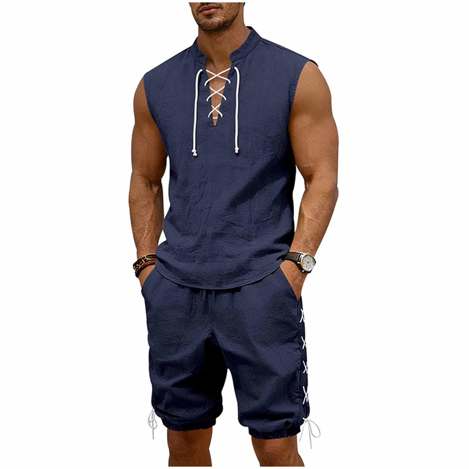 Cambkatl 2 Piece Outfits for Men Lightweight Linen Shorts Set Laceup V Neck Sleeveless Tank Top Matching Sets with Pockets