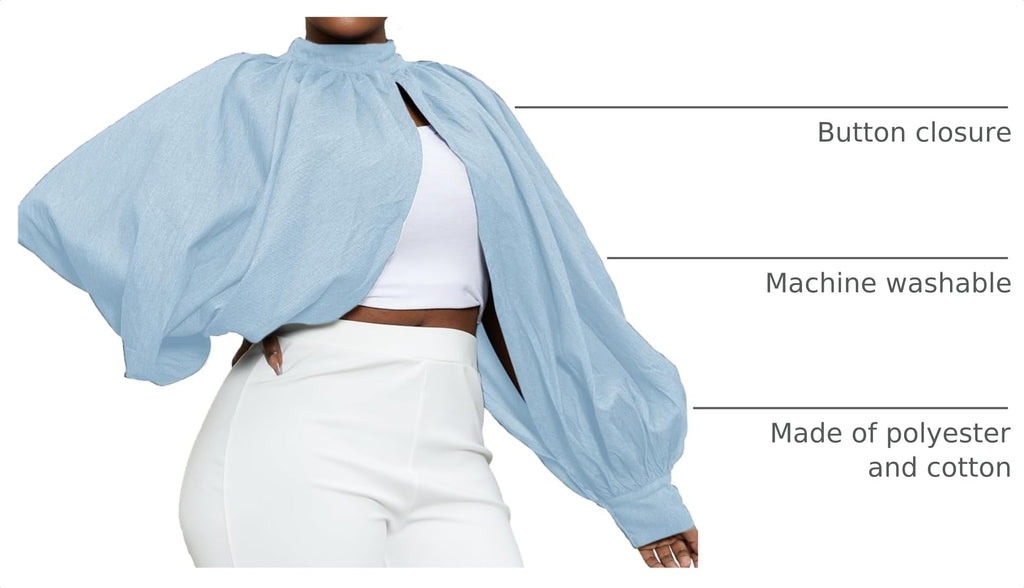 LETSVDO Women's Sexy Denim Crop Top Mock Neck Backless Puff Sleeve Open Front Bolero Shrug Asymmetrical Jean Blouse 2023