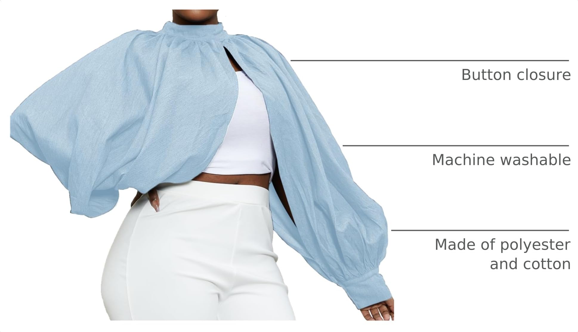LETSVDO Women's Sexy Denim Crop Top Mock Neck Backless Puff Sleeve Open Front Bolero Shrug Asymmetrical Jean Blouse 2023
