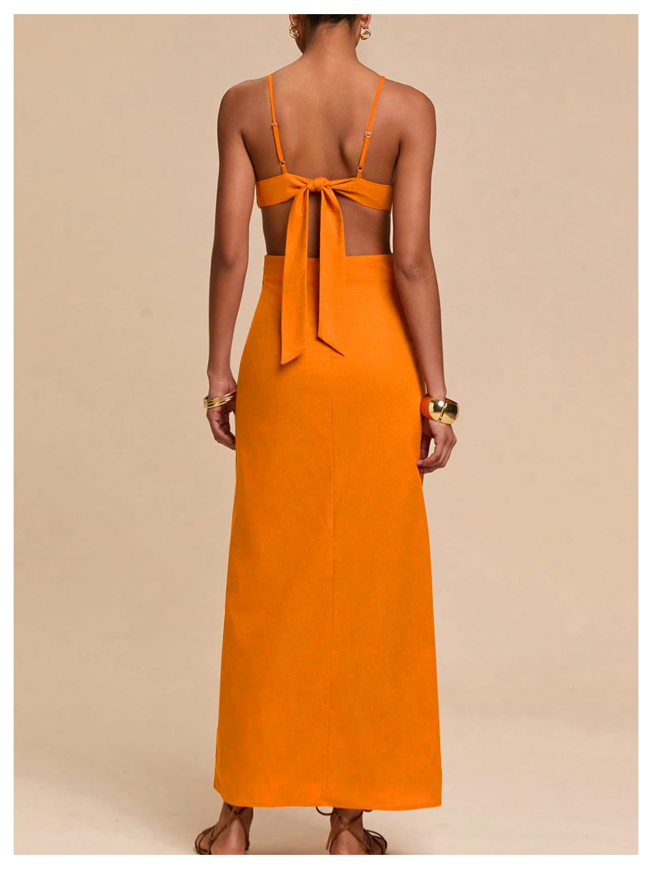 SHENHE Women's Petal Backless Linen Maxi Dress Cut Out Vacation Dresses | Keyhole, Spaghetti Strap, Open Back, Long Dress, Zipper, Summer, Date Night, Cami Dresses