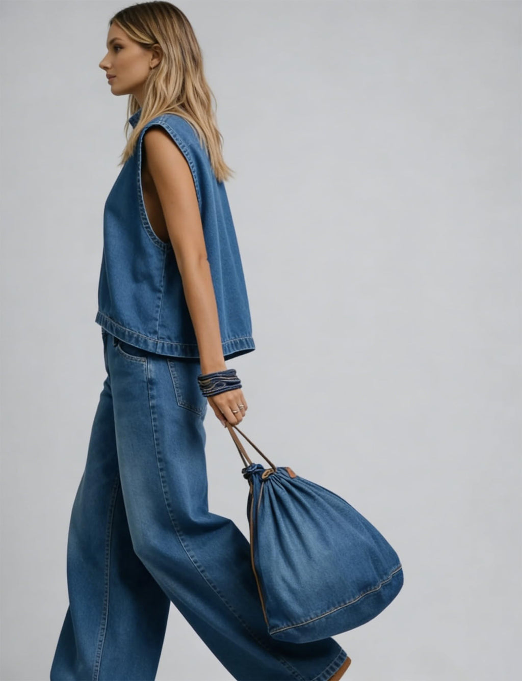VOIKERDR Women's Denim Set Sleeveless Top and Wide Leg Jeans Vintage Sexy Y2k Outfits Streetwear