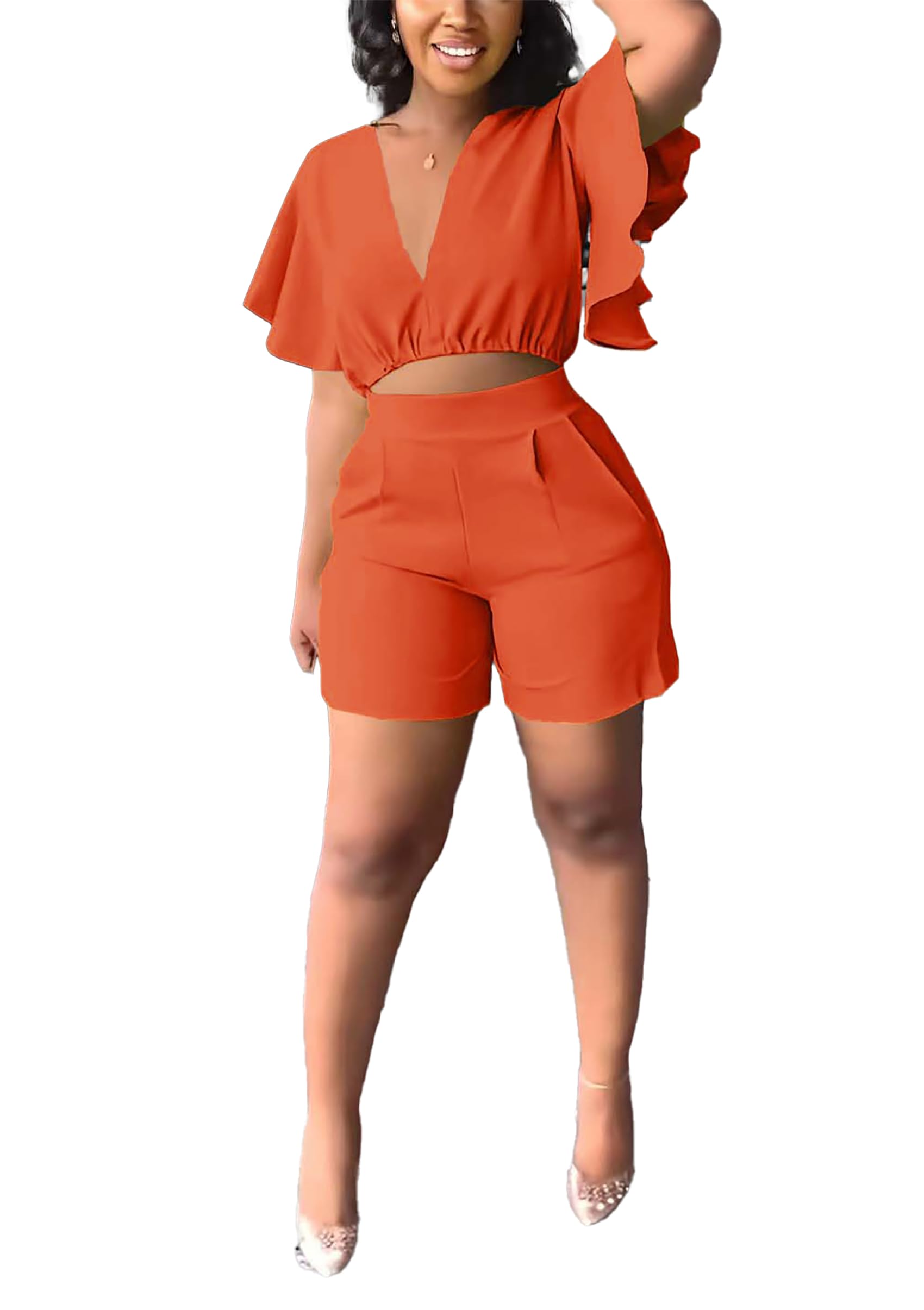 Womens Summer Two Piece Shorts Outfit Sexy Crop Top Butterfly Sleeve 2 pc Short Set Vacation Brunch Matching Set