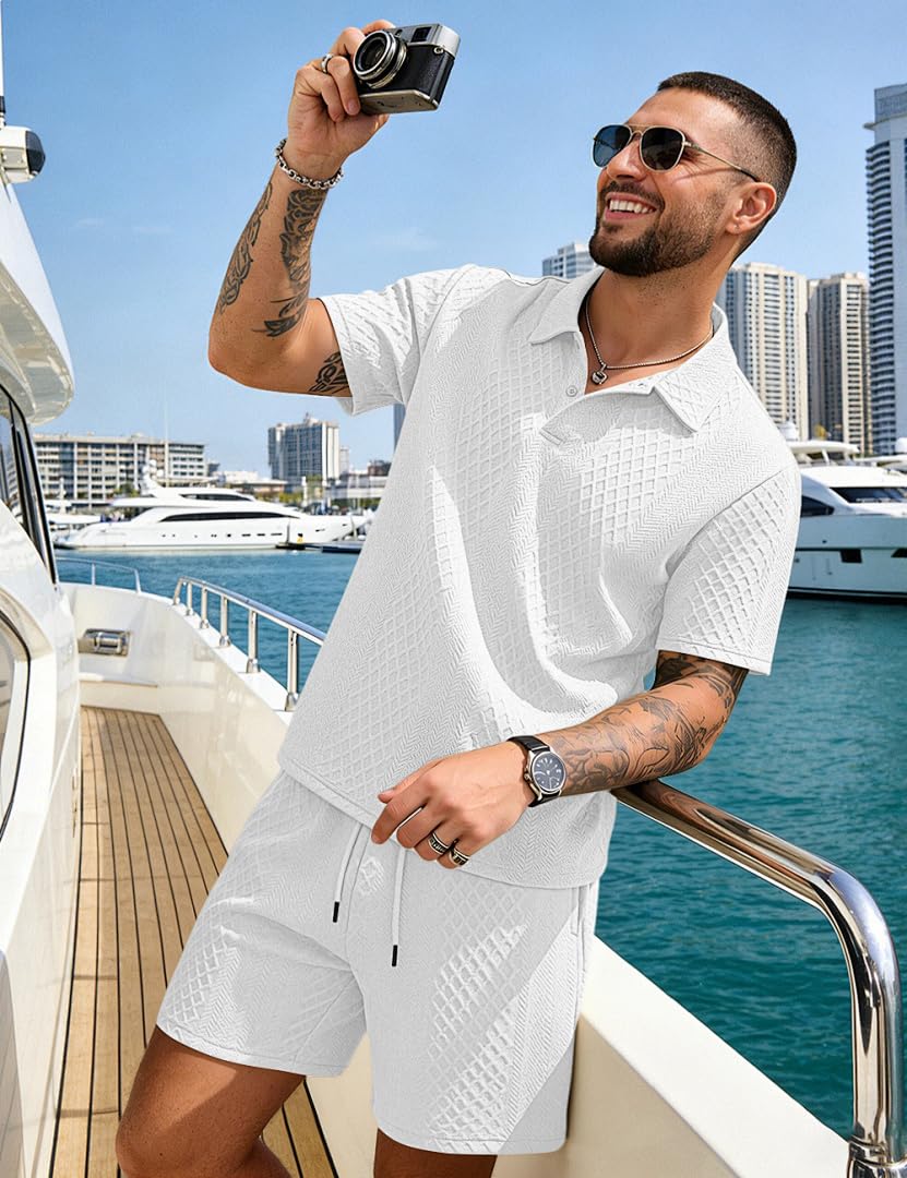 Men's 2 Pieces Outfits Casual Polo Shirt and Shorts Set Collar Athletic Jogging Summer Tracksuit