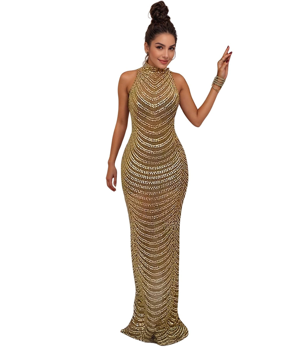 PORRCEY Women's Sexy Rhinestone Mesh See Through Party Night Prom Dress