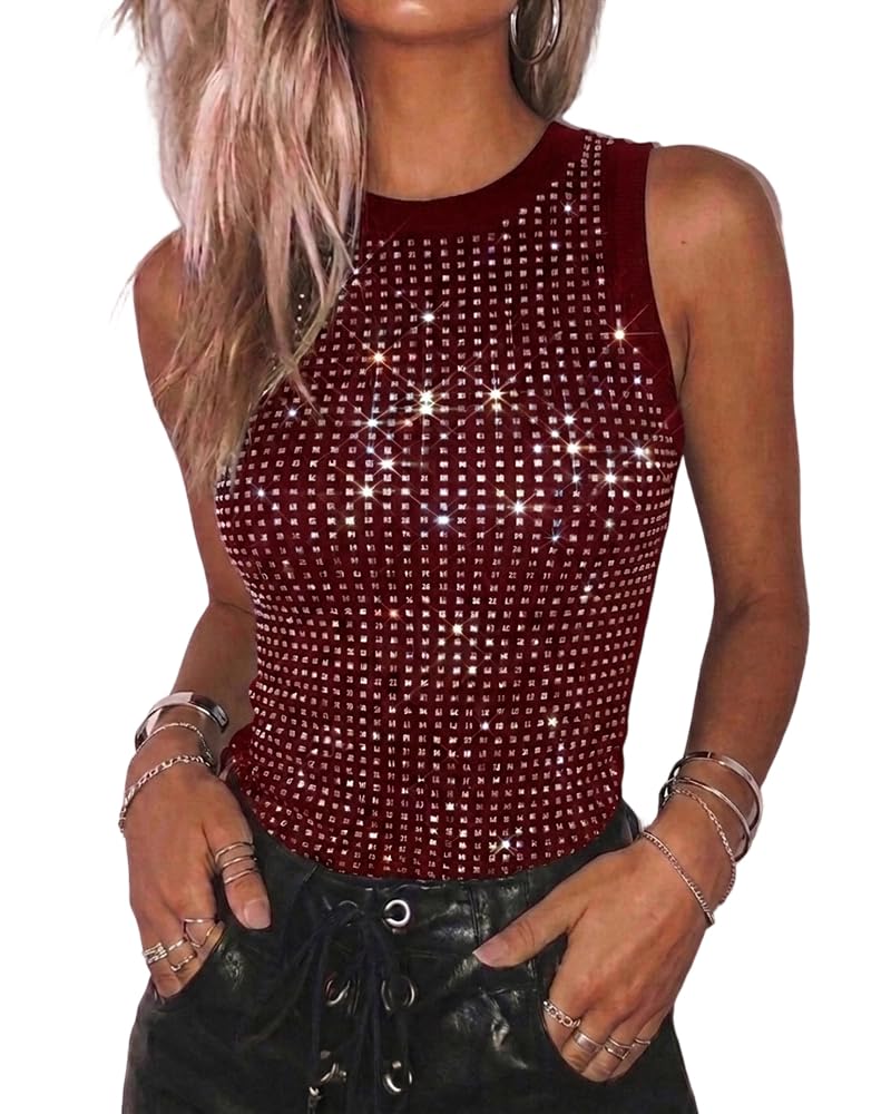 CHICME Women's Sleeveless Rhinestone Tank Tops Summer Sparkly Ribbed Tops | Basic Tank Tops for Women, Sleeveless Sparkly Tops, Ribbed Knit Fabric, Slim Fit Party Concert Y2K Outfit