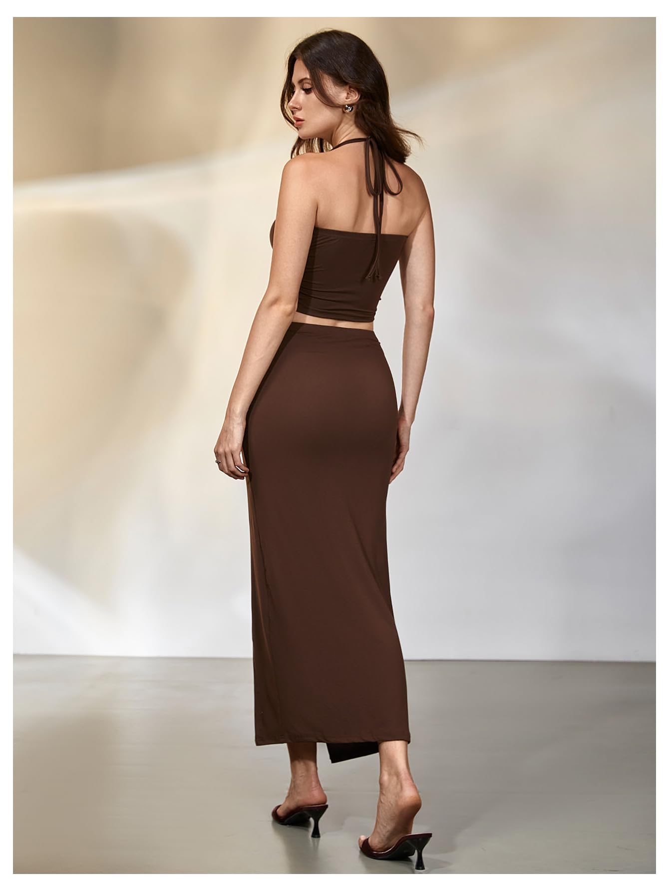 Verdusa Women's 2 Piece Set Summer Vacation Outfits Going Out Matching Set | Ruched Crop Halter Top, Asymmetrical Slit Long Skirt, Two Piece Skirt Set for Women, Summer Sets
