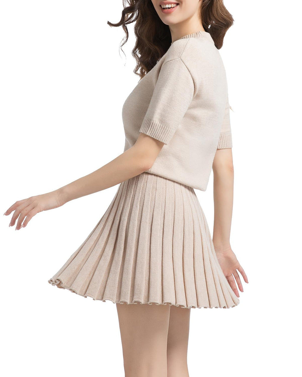 Womens 2 Piece Outfits 2026 Short Sleeve Crewneck Knit Tops And Pleated Mini Skirt Two Piece Sets