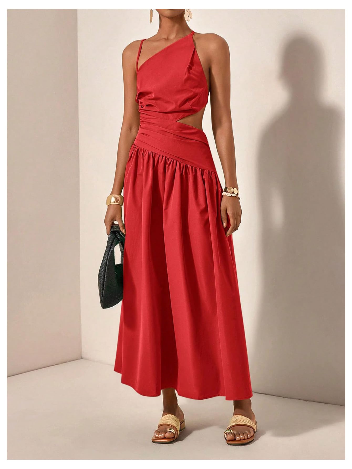 Milumia Women's Cut Out Asymmetrical Maxi Dress Open Back Summer Dresses | Spaghetti Strap, Tie Backless, Ruffle, Summer Vacation, Going Out, Sundress