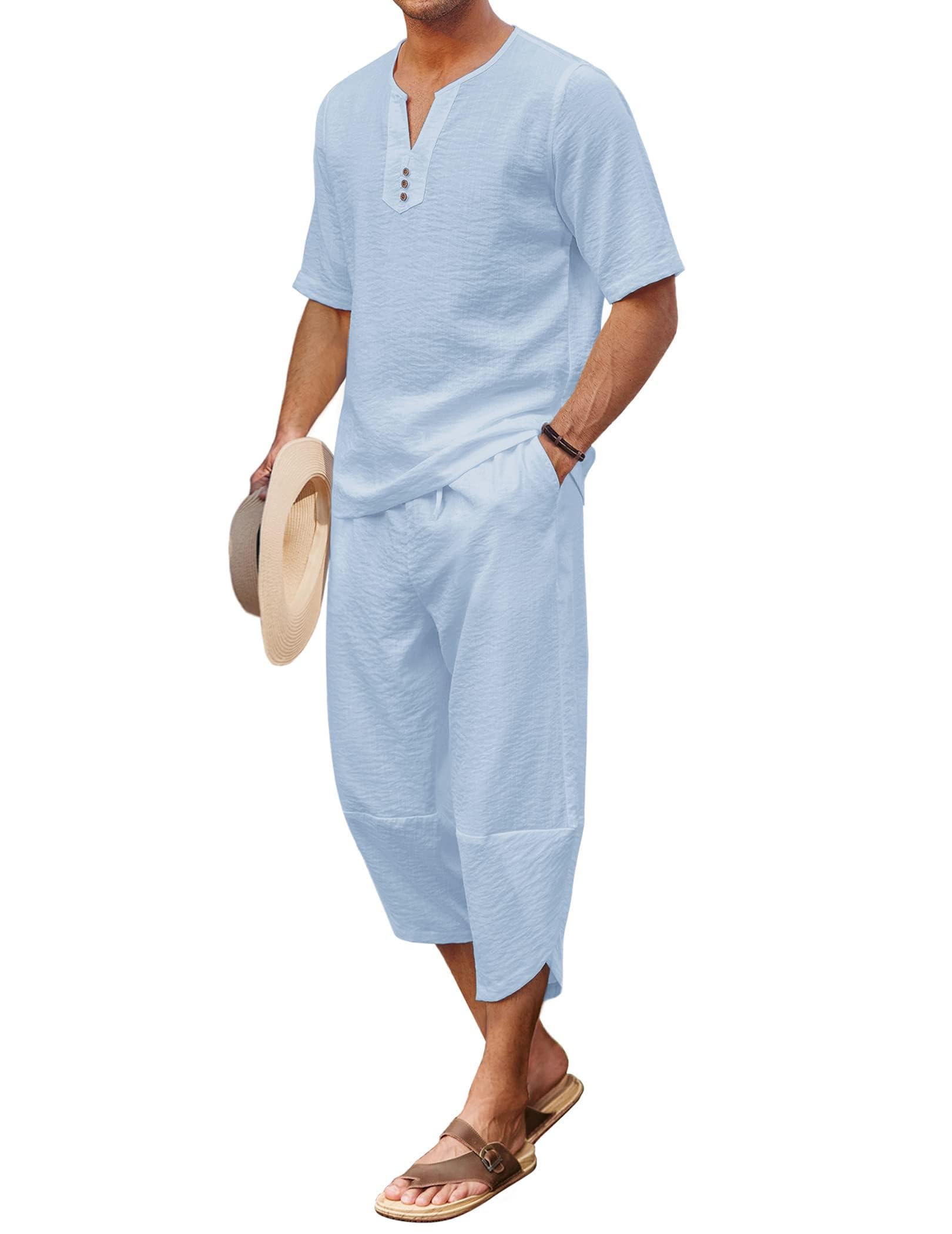 COOFANDY Men's 2 Pieces Linen Set Henley Shirt Short Sleeve and Harem Capri Pants Wide Leg Baggy Beach Yoga Trousers Outfits