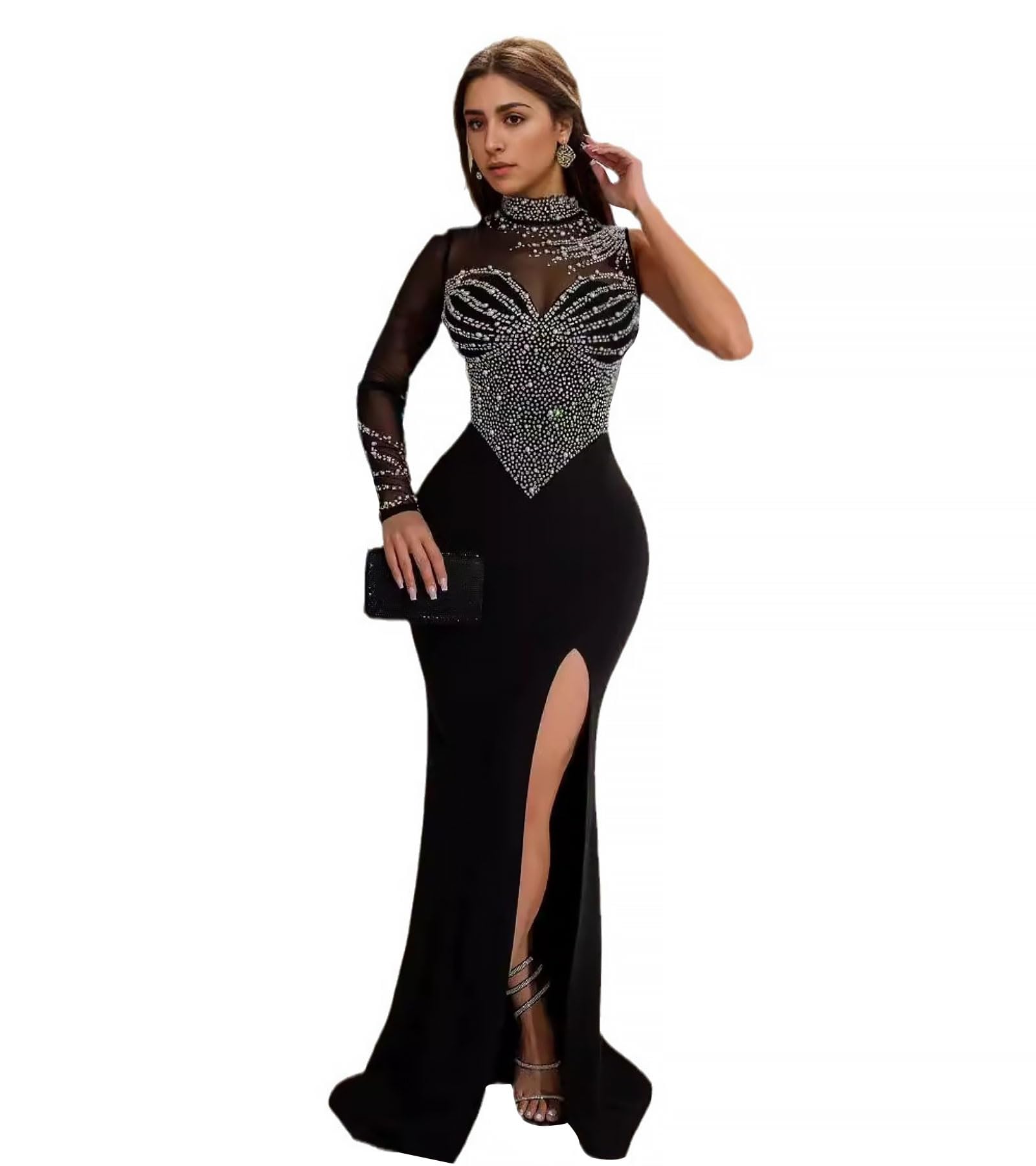PORRCEY Women's Sexy Elegant Rhinestone Bodycon Dress Hot Drilling Clubwear
